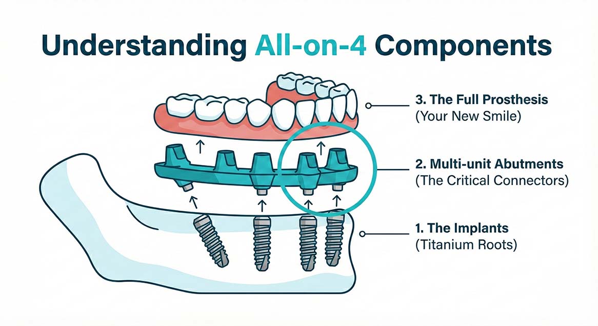 A medical diagram illustrating the three layers of an All-on-4 dental implant system: the titanium implants in the jawbone, the multi-unit abutments acting as connectors, and the final full hybrid prosthesis.