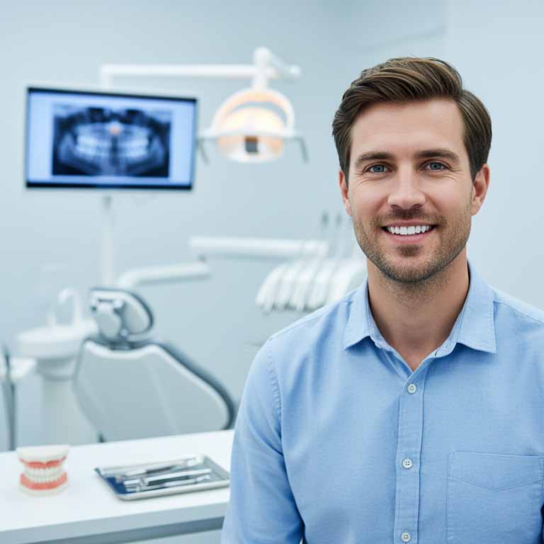 Smiling, confident man in his 30s or 40s looking directly at the camera, with a modern, sterile dental clinic environment and equipment subtly blurred in the background
