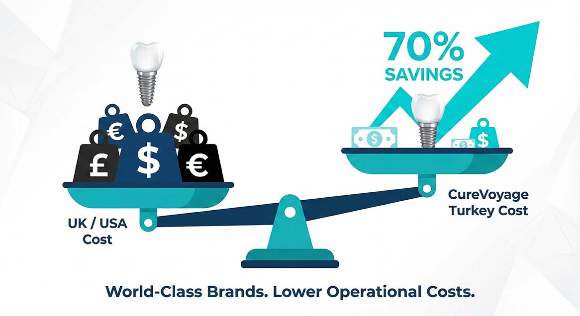 A balance scale infographic demonstrating 70% savings on dental implants at CureVoyage in Turkey compared to high UK/USA costs, highlighting world-class brands at lower operational costs.