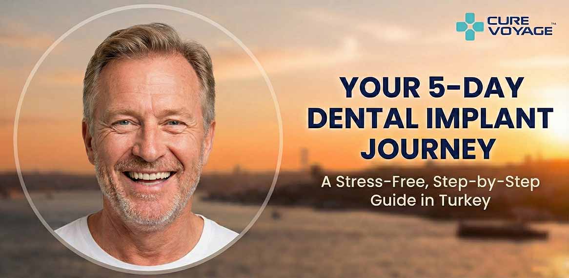 Blog header image featuring a happy, smiling man against an Istanbul sunset background, titled 'Your 5-Day Dental Implant Journey: A Stress-Free, Step-by-Step Guide in Turkey' by CureVoyage.
