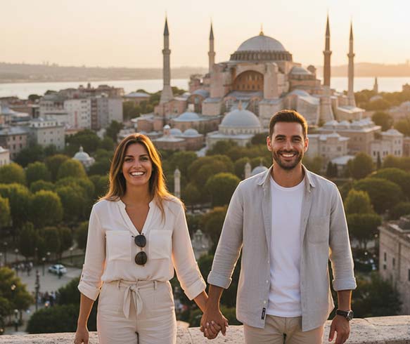 A happy couple enjoying a dental holiday in Istanbul, Turkey, as part of their veneer treatment package.