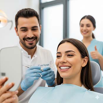 Happy patient and dentist celebrating the successful final fitting of Emax and laminate veneers in Turkey.