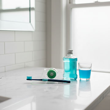 A close-up of daily care essentials—toothbrush, floss, and mouthwash—for maintaining new laminate veneers from Turkey