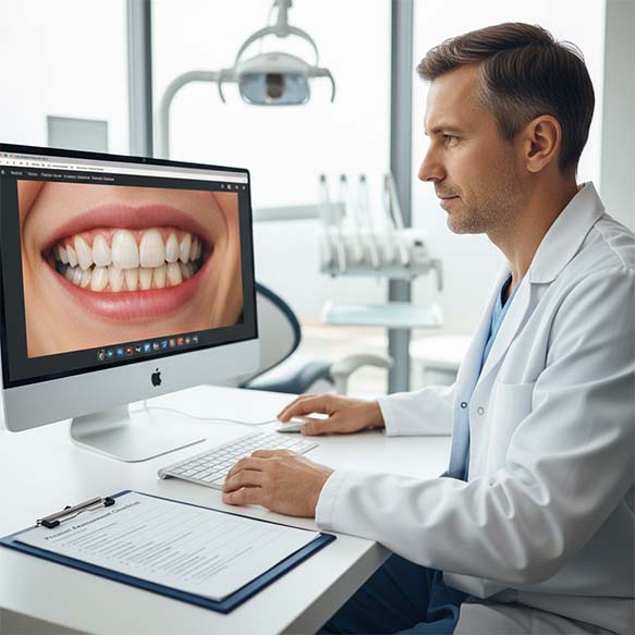 A dentist meticulously reviewing a patient's smile on a monitor, with an assessment checklist on the desk, determining suitability for laminate veneers from Turkey.