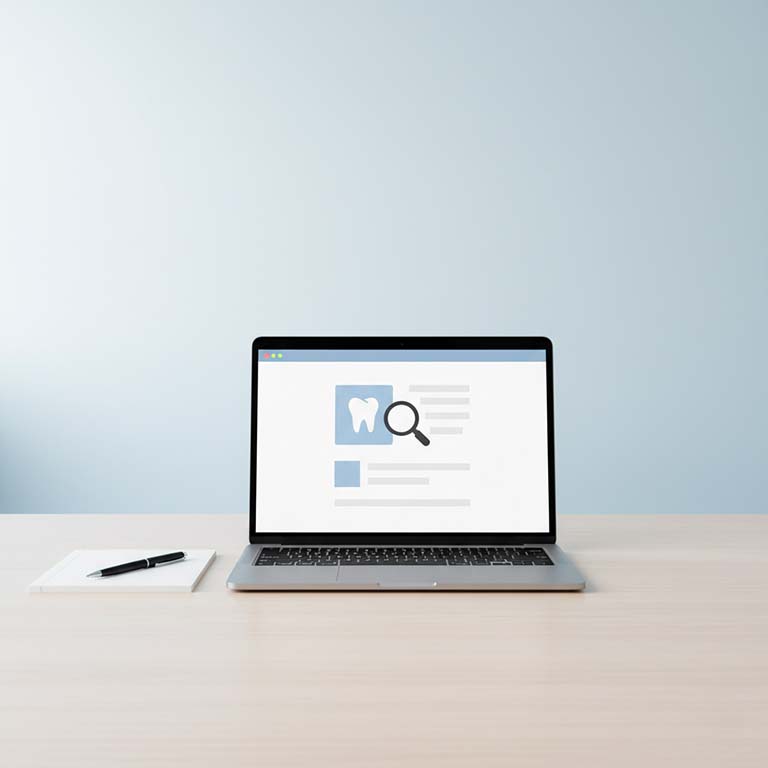 Laptop screen showing an online dental consultation form and magnifying glass icon, representing a free custom treatment plan.