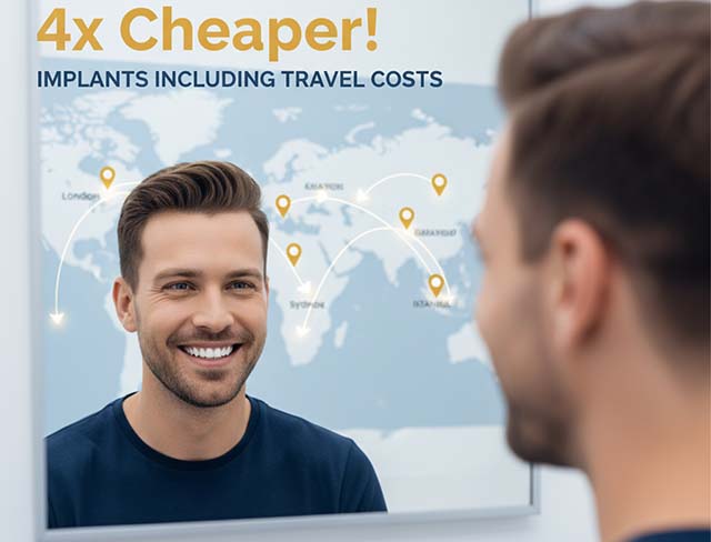 Smiling man looking at his new smile in a mirror that reflects a world map, showing the concept of dental tourism for affordable implants.