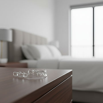 A transparent protective night guard on a bedside table, crucial for preventing damage to laminate veneers from teeth grinding, often sought from Turkey.