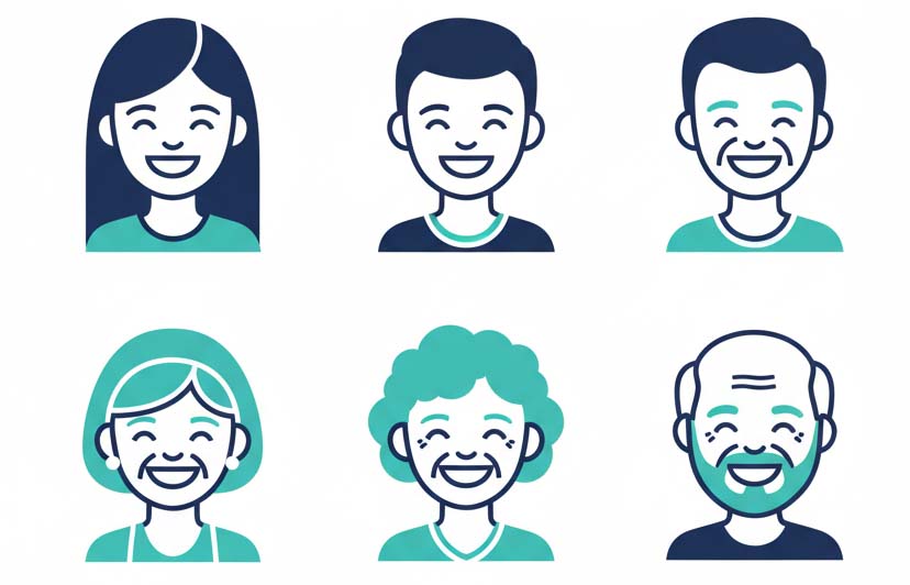 A grid of nine diverse, happy, and smiling patient icons in a minimalist line art style, using corporate teal and dark blue colors, representing various ages, genders, and ethnicities for a dental clinic.