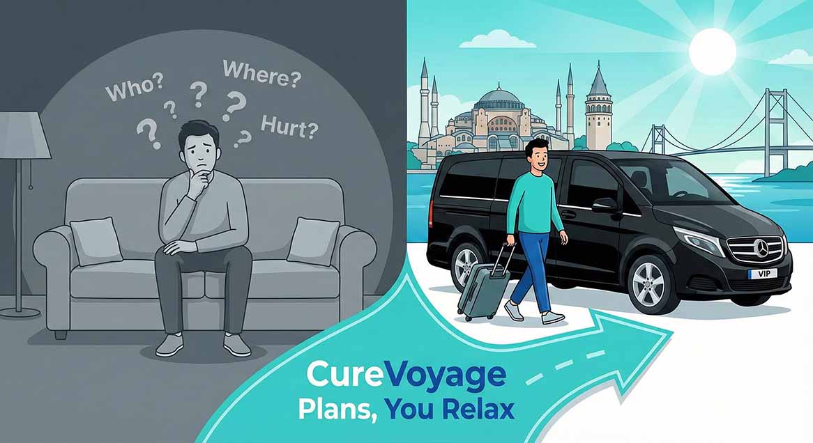 Comparison illustration showing a worried patient with questions at home versus a relaxed traveler arriving in Istanbul with a VIP transfer van, highlighting stress-free dental tourism planning.
