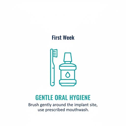 An icon showing a toothbrush and mouthwash, symbolizing gentle oral hygiene practices during the first week of dental implant aftercare.