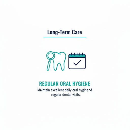 An icon featuring a tooth, a magnifying glass, and a calendar with a checkmark, representing the long-term dental implant aftercare, focusing on regular oral hygiene and dental check-ups.