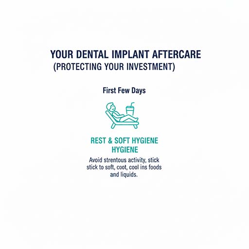 An icon illustrating a person resting on a lounge chair with a drink, representing the first few days of dental implant aftercare, emphasizing rest and soft, cool foods and liquids