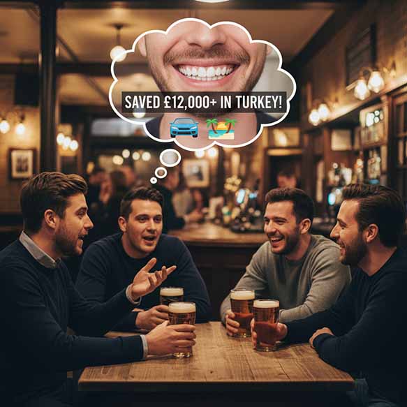 A man in a pub telling his friends about his veneer savings from Turkey, with a thought bubble showing his new smile, a new car, and a holiday.