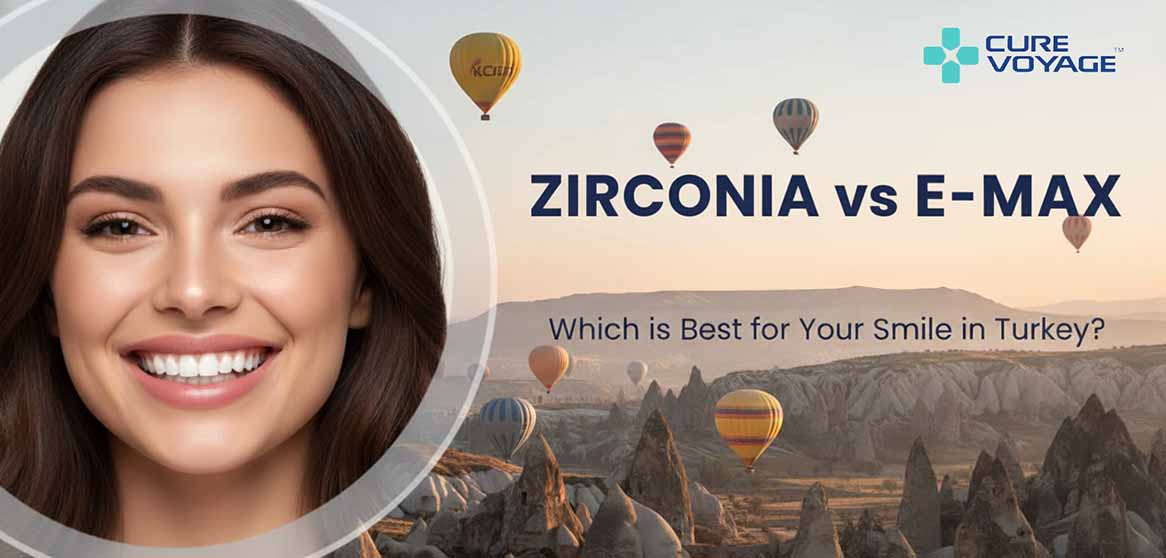 Guide comparing Zirconia and E-max veneers, featuring a smiling woman and hot air balloons over Cappadocia, Turkey.